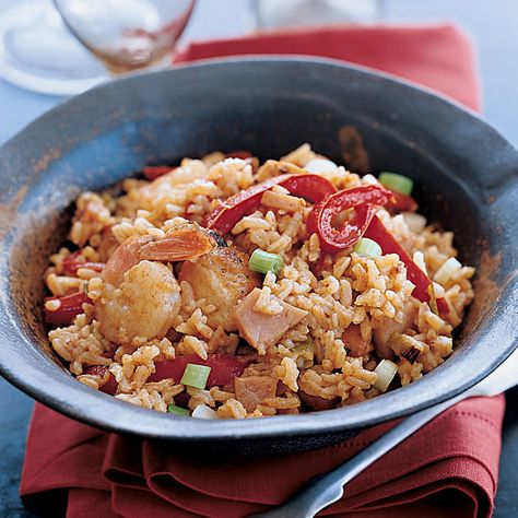 Creole Chicken and Ham Fried Rice | Cajun and Creole recipes include gumbo, jambalaya and po' boys. Plus more Cajun and Creole recipes. Ham Fried Rice Recipe, Kung Pao Shrimp, Ham Fried Rice, Creole Chicken, Shrimp Risotto, Grilled Ham, Cajun Creole Recipes, Creole Recipes, Sauteed Chicken