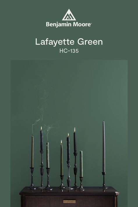 A stately dark green that sets a dramatic mood. Dollar Bill Green Benjamin Moore, Benjamin Moore Lafayette Green, Lafayette Green, Green Interior Paint, Green Benjamin Moore, Historic Paint Colours, Green Shutters, Perfect Paint Color, Green Paint Colors