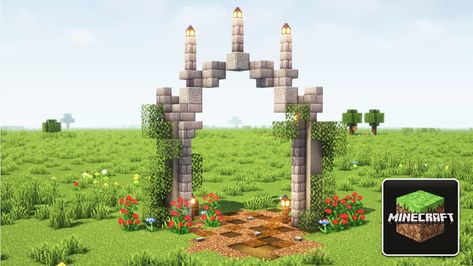 Minecraft Village Entrance Gate, Minecraft Aesthetic Entrance, Entrances Minecraft Ideas, Minecraft Path Way Ideas, Minecraft Stone Entrance, Minecraft Wedding Arch, Minecraft Small Archway, Minecraft Farm Entrance, Minecraft Wooden Archway