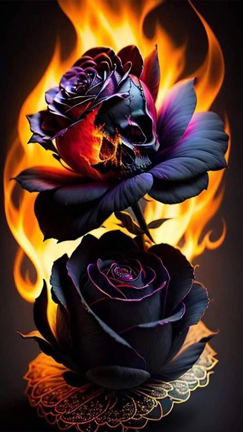 Dark Roses Tattoo, Colorful Skull Art, Black Roses Wallpaper, L Wallpaper, Android Wallpaper Art, Lovely Flowers Wallpaper, Black Roses, Skull Artwork, Cute Flower Wallpapers