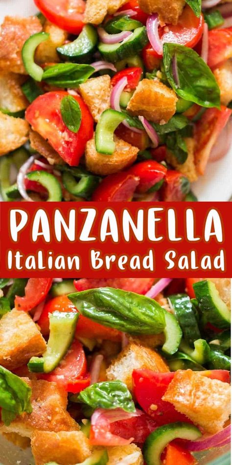 Panzanella salad is Tuscan salad made of chunky of lightly toasted crusty bread, tomatoes, red onions, cucumber, Italian basil all soaked in the simplest salad dressing. #panzanella #panzanellasalad #breadsalad #tomatosalad #summersalad #picnic #potluck #Italiansalad Tomato And Bread Salad, Homemade Vinaigrette Dressing, Tuscan Salad, Italian Bread Salad, Homemade Vinaigrette, Tomato Bread, Easy Salad Dressing, Panzanella Salad, Bread Salad