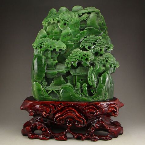 Chinese Green Hetian Jade Statue - Two Sages Jade Decor, Jade Statue, Jade Sculpture, Meteorite For Sale, Chinese Arts And Crafts, Green Chinoiserie, Historical Sculptures, Chinese Sculpture, Carved Gemstones