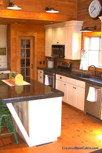 White Kitchen in a Log Home - CREATIVE CAIN CABIN Painted Log Home Interior, Log Home Kitchen, Shop Apartment, Log Home Interior, Log Home Kitchens, Welcome To My Kitchen, Log Home Interiors, Black Concrete, Kitchen Tour