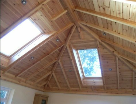 Inverted hip vaulted ceiling... millwork like this, but painted white and no skylights. Attic Space Ideas, Attic Addition, Vaulted Roof, Ceiling Lighting Ideas, Vaulted Ceiling Bedroom, Hip Roof Design, Bungalow Conversion, Vaulted Ceiling Lighting, Hipped Roof