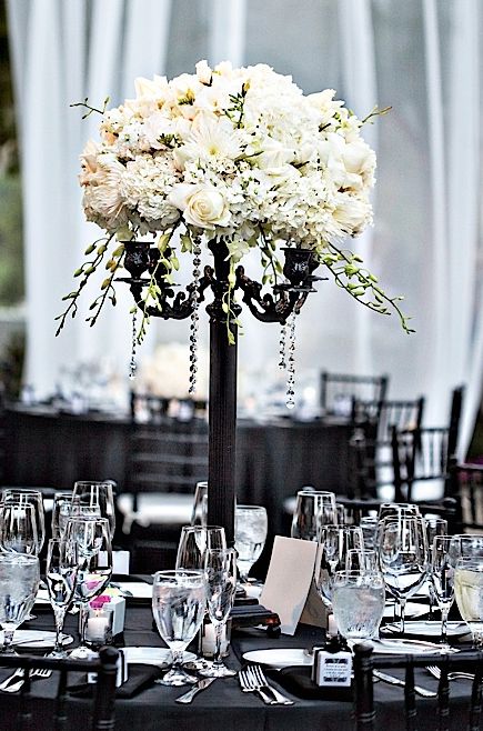 love the black candelabra Indoor Designs, Black Candelabra, Table Wear, Chanel Party, Wedding Backdrops, Beautiful Tablescapes, Black And White Flower, Wedding Showers, Wedding Floral Centerpieces