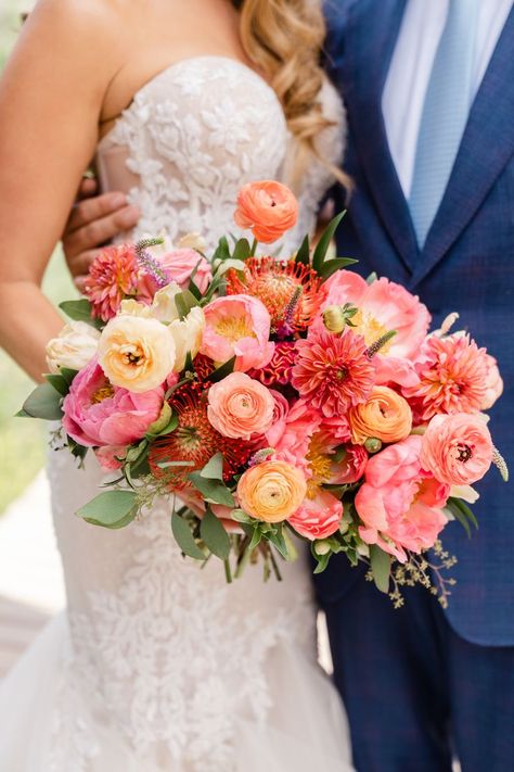 Coral Charm Peony Wedding, Pink And Orange Peony Bouquet, Coral And Pink Wedding Flowers, Peach Pink Orange Wedding Flowers, Ranunculus Peony Bouquet, Pink Orange Yellow Bridal Bouquet, Dahlia Peony Bouquet, Wedding Bouquets August, Coral Charm Peony Bouquet