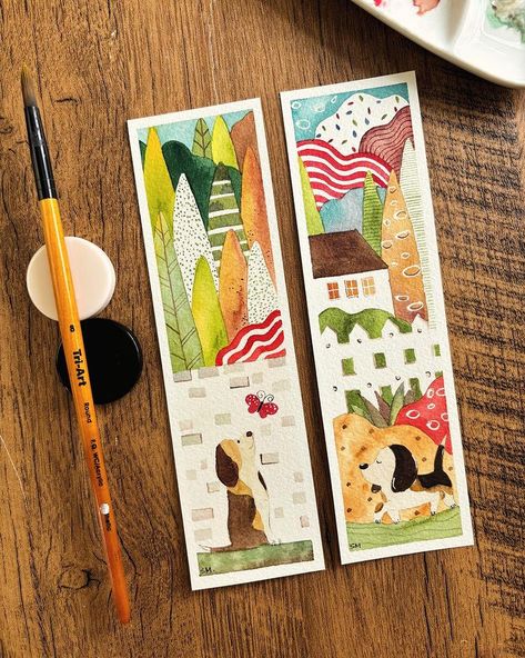 Little house bookmarks.🏡🏡 Paint and brush: @triart.mfg . . . . . . . #colorsbysue#bookmarks #bookmarklover #cutebookmark… | Instagram Hand Painted Stickers, Bookmark Illustration Design, Bookmarks Illustration, Illustrated Bookmarks, Bookmark Painting, Painted Bookmarks, Bookmark Art, Water Poster, Creative Bookmarks