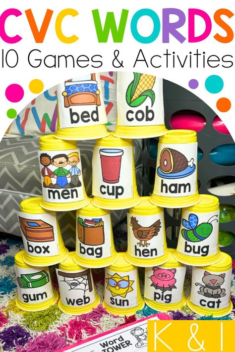 CVC Words are great for helping young students learn to read.  Give your kindergarten and first grade students lots of practice with these fun and hands-on games and activities. Read about these 10 CVC Word games, centers and activities used by a veteran teacher in her classroom.  While you are there grab a free CVC game you can use with your kids. Great for homeschooling and at home practice too. Learn to read with fun reading games. Cvc Sensory Activities, Short A Games First Grade, At Home Activities For Kindergarteners, Family Language Activity Preschool, Reading Centers 1st Grade Small Groups, Kindergarten Ckla Centers, Kindergarten Alliteration Activities, Prek Ela Activities, Learning Cvc Words