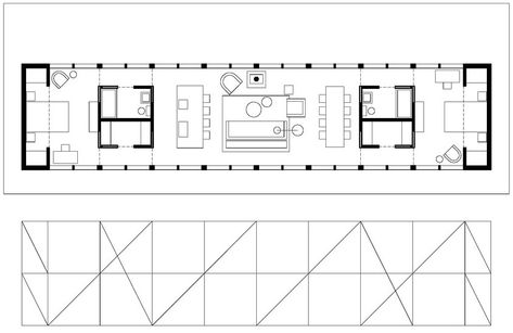 Sixteen-Doors-House-12 House Forest, Narrow House Plans, Modern House Floor Plans, Contemporary Barn, Modern Floor Plans, Long House, Kitchen Interiors, Architectural Floor Plans, Narrow House