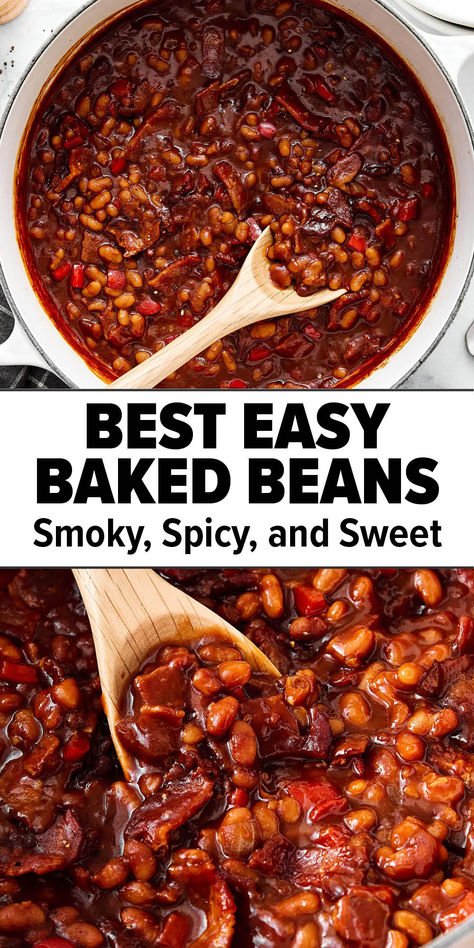 Best baked beans recipe with bacon. Vegetarian Bbq Beans, Baked Beans Canned Recipes, Sweet And Spicy Baked Beans, Kidney Bean Side Dish, Spicy Beans Recipe, Spicy Baked Beans Recipe, Best Ever Baked Beans, Downshiftology Recipes, Best Baked Beans Recipe