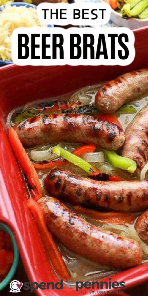 Brats In Slow Cooker, Beer Brats Recipe Stove, Cooking Brats On Stove, Brats Recipes Grilling, Beer Bratwurst Recipes, Beer Brats Recipe, Brats Recipe, Brat Sausage, Beer Bath