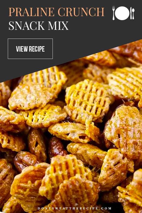 This Praline Crunch Snack Mix recipe is the perfect balance of salty, sweet, and crunchy! Not to mention it's extremely addictive. Beware! #praline #southern #snacks #recipe #pecan Southern Snacks, Crispix Snack Mix, Praline Crunch, Chex Mix Recipes Sweet, Snacky Foods, Snack Mix Recipe, Snacks Sweet, Crunch Recipe, Snack Mixes