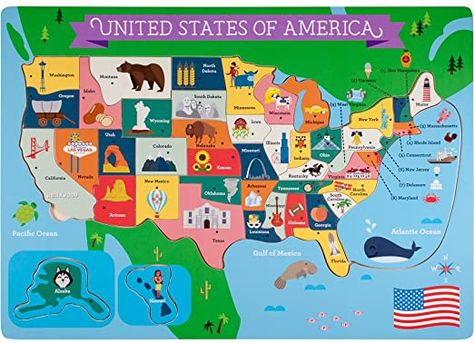 Amazon.com: Professor Poplar’s Fifty-Nifty States United States of America Wooden Jigsaw Puzzle Board, USA Map Puzzle with Lift & Learn Pieces (45 pcs.) by Imagination Generation: Toys & Games The United States Of America, States Of America, United States Of America, The United States, For Kids, United States, Map