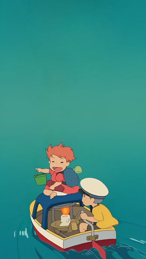 Sosuke & Ponyo.. ❤️🌊 Ponyo Boat Scene, Ponyo Wallpapers, Sosuke Ponyo, Ponyo Anime, Pom Poko, Cute Canvas Paintings, Cute Canvas, Painting Inspo, Canvas Paintings