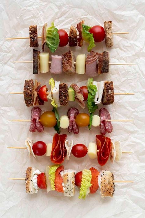 Sandwich Bar Ideas, Sandwich Kabobs, School Lunch Sandwiches, School Lunch Recipes, Chicken On A Stick, Sandwich Ideas, Sandwich Bar, Party Sandwiches, Sandwiches For Lunch