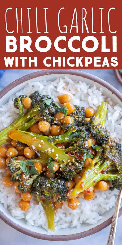 This Chili Garlic Broccoli with Chickpeas is an easy and flavorful 30 minute meal. The chili garlic sauce comes together quickly but has a huge depth of flavor and you can even use a bag of frozen broccoli to make things even easier. This chili garlic broccoli stir fry is perfect for a healthy and delicious vegan weeknight dinner. #30minutedinner #chiligarlicsauce #veganrecipe #plantbased #asianvegetarianfood Garlic Broccoli Stir Fry, Cheesy Broccoli Rice Casserole, Garlic Chickpeas, Cheesy Broccoli Rice, Vegan Stir Fry, Creamy Broccoli Soup, Garlic Broccoli, Vegetarian Ideas, Blueberry Salad