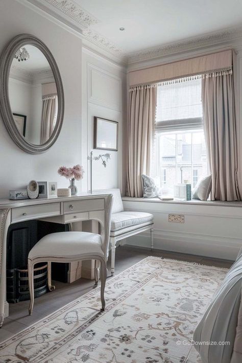 This bedroom looks straight out of a French period drama! I love the charming dressing area and vintage vanity table. Vintage Vanity Table, Vanity Table Vintage, Bedroom Looks, Dressing Area, Dressing Tables, Minimalist Designs, Vintage Vanity, Vanity Table, Statement Pieces