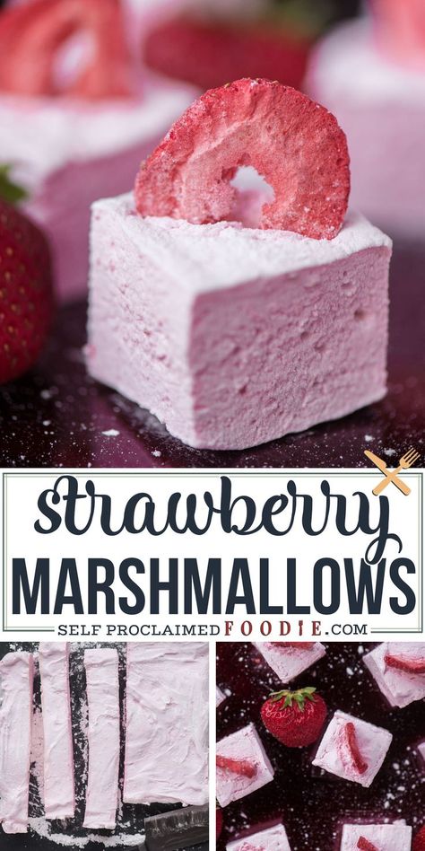 Gourmet Marshmallow Flavors, Marshmallow Photography Ideas, Recipes With Strawberry Puree, Homemade Flavored Marshmallows, Gourmet Marshmallows Recipe, Marshmallow Recipe Ideas, Blueberry Marshmallows, Strawberry Marshmallow Recipe, Best Marshmallow Recipe