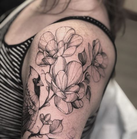 CASEY BRESSO • SNYDER ♡ on Instagram: “Magnolias (from the same arm as the cardinal piece)! 🖤 Peonies and magnolias are always my favorite flowers to tattoo! • • • #floraltattoo…” Cardinal And Magnolia Tattoo, Flowers To Tattoo, Floral Fine Line Tattoo, Floral Fine Line, Michigan Tattoos, Cardinal Tattoo, Cardinal Tattoos, Magnolia Tattoo, Fine Line Tattoo