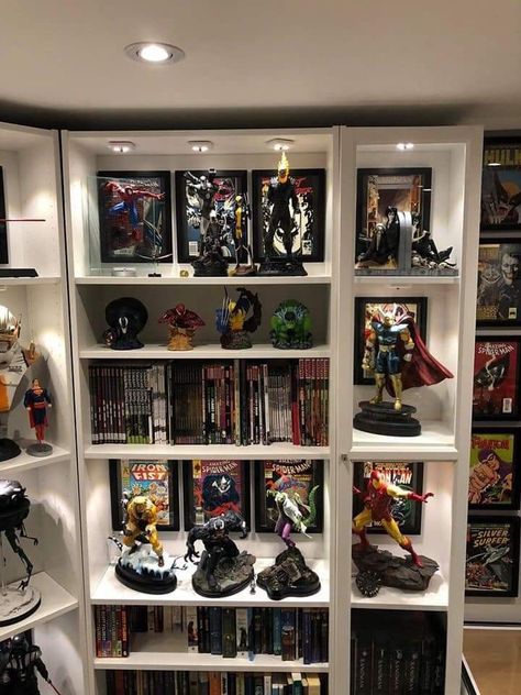 Nerdy Decor Aesthetic, Lego Display Aesthetic, Nerdy Man Cave, Nerdy Living Room Decor, Nerd Man Cave, Nerd Cave Ideas, Comic Display Ideas, Marvel Inspired Room, Nerdy Room Aesthetic