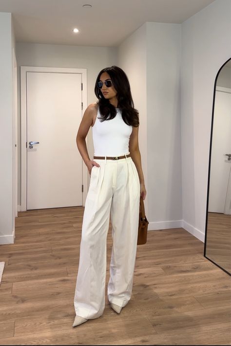 Mango co-ord trousers in white curated on LTK Off White Trousers Outfit, Wide Leg Trousers Summer, White Trousers Outfit, Parisa Wang, White Wide Leg Trousers, Trousers Outfit, Trouser Outfit, White Trousers, Co Ord