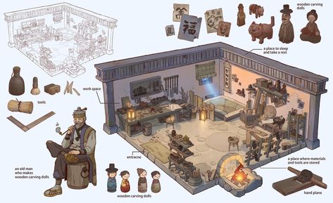 Workshop Concept Art, Carpenter Workshop, Concept Artist Portfolio, Concept Environment, Interior Concept Art, Carpenters Workshop, Props Concept, Bg Design, Games Art