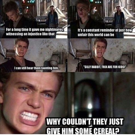 Guys Anakin is panakin <<< look, I'm panakin! I mean, why couldn't the rabbit have Trix!??! 😭 lol #StarWars #Inagalaxyfarfaraway Laugh Till You Cry, Nerd Herd, The Force Is Strong, Stuff And Thangs, Star Wars Humor, Star Wars Memes, About Time Movie, Love Stars, Teen Room