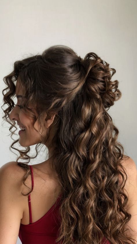 Fall Wedding Hairstyles For Curly Hair, Prom Hair On Curly Hair, Bridesmaid Hairstyles For Dark Hair, Long Curly Bridesmaid Hairstyles, Curly Hairstyles For Fancy Events, Natural Curly Hairstyles For Formal Events, Party Hairstyles For Curly Hair Natural, Bridesmaid Hair With Curtain Bangs, Curly Hair Hairstyles Wedding