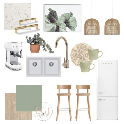 Green Kitchen Aesthetic, Whitewashed Oak, Sage Kitchen, Scandi Kitchen, Green Kitchen Decor, Sage Green Kitchen, Design Mood Board, Kitchen Mood Board, Fiddle Fig