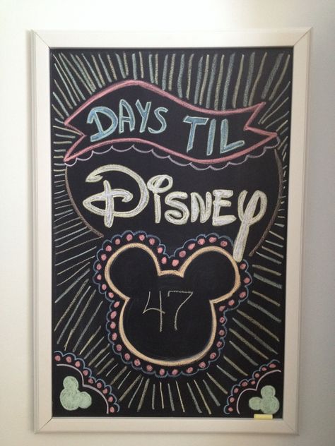 Disney countdown chalkboard Disney Chalkboard Art, Mickey Chalk Art, Disney Chalkboard Sign, Birthday Countdown Chalkboard Art, Disney Countdown Cricut, Chalk Ideas Disney, Disney World Countdown, Fall Chalkboard Art, Chalkboard Bar