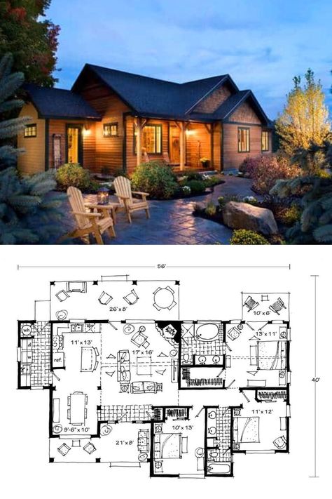 Peek at the gorgeous wood cabin exterior and exceptional backyard landscaping of this one story, 3 bedroom, 2 bathroom, farmhouse cabin house plan. Just tap to access the ranch country farmhouse cabin interiors gallery of this 1416 sq. ft. rustic cabin home. See more luxury cabin house plans at https://www.thehousedesigners.com/plan/the-cherokee-2202/ #HousePlan #CabinHousePlans #CabinInteriors Wood Cabin Exterior, One Story Cabin, Rustic Cabin Home, Farmhouse Cabin, Wood Cabin, Plan Floor, Bathroom Farmhouse, Gambrel Roof, Cabin Floor