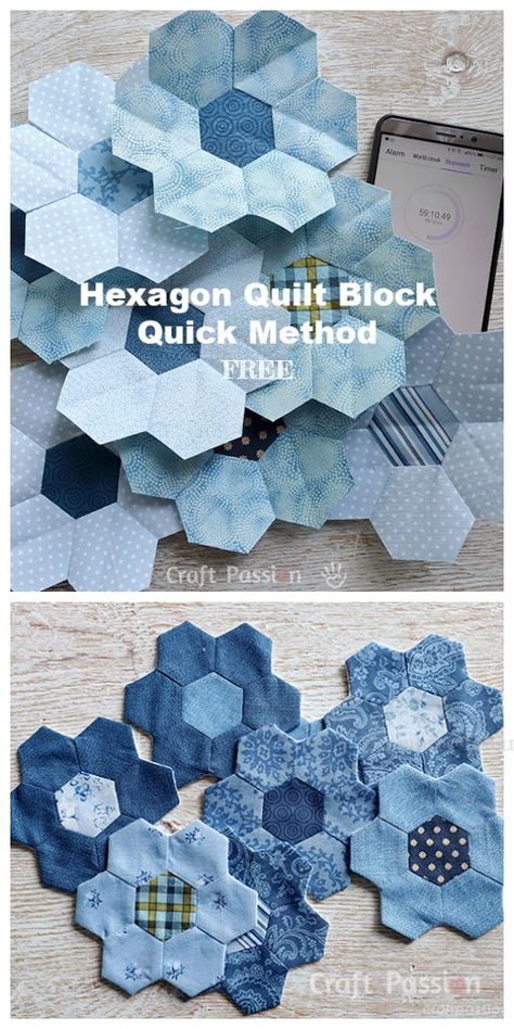 DIY Modern Hexagon Flower Quilt Duvet Free Sewing Pattern | Fabric Art DIY Denim Hexagon Quilt, Hexagonal Quilt Designs, Hexagon Flower Quilt Patterns, Fabric Hexagon Projects, Large Hexagon Quilt, Hexagon Quilt Pattern Free, Hexagon Quilt Ideas, Hexagon Flower Quilt, Flower Quilt Pattern