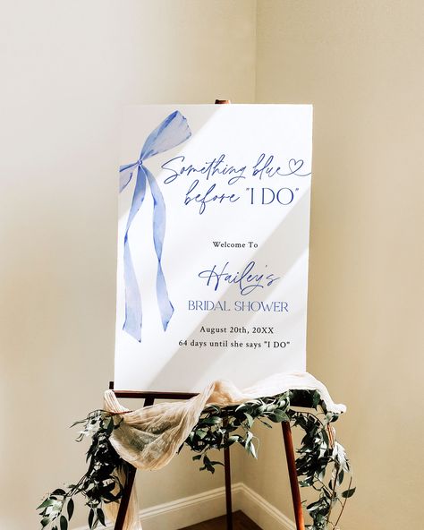 Something Blue Before I DO Bridal Shower Welcome Sign, Editable Blue Bow Bridal Shower, Bridal Welcome Signs, Wedding Shower Decorations, LB - Etsy Powder Blue Bridal Shower Ideas, Navy And White Bridal Shower Ideas, Pearls And Bows Bridal Shower Theme, Something Blue Themed Party, Blue Boho Bridal Shower Ideas, Something Blue Decor, Bridal Shower Theme Something Blue, Simple Bridal Shower Theme, Something Blue Hen Do