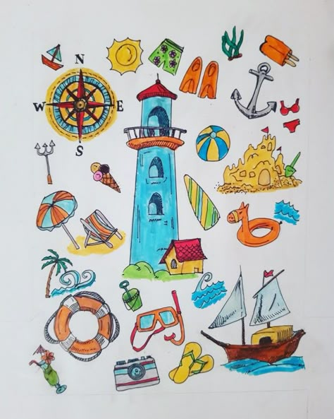 Summer doodle. Sea doodle. Art drawing design Goa Sketch, Sea Themed Doodles, Goa Doodle Art, Delhi Doodle, Goa Culture Illustration, Doodle Art Drawing, Goa, Art Drawing, Designs To Draw