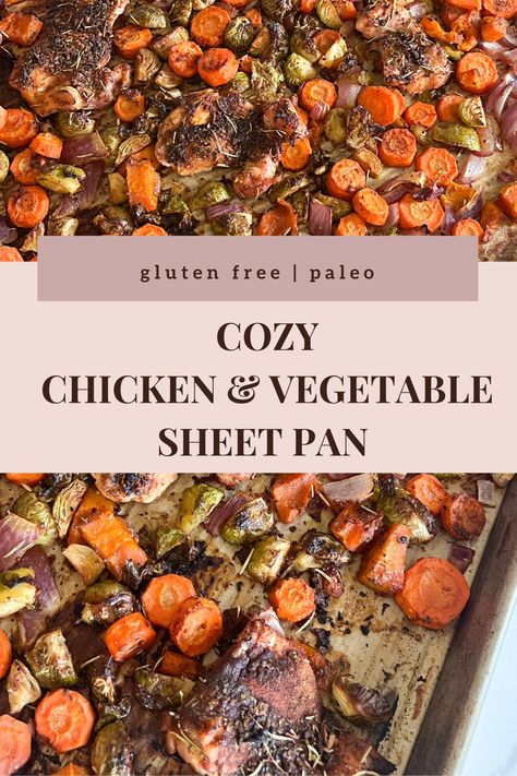 This easy healthy cozy chicken and vegetable sheet pan meal is gluten free, dairy free, refined sugar free, paleo, low carb, and clean eating. On a large sheet pan lined with parchment paper is freshly roasted seasonal brussel sprouts, carrots, squash, red onion, and chicken thighs. All coated in a honey mustard sauce and cozy spice blend. Perfectly roasted, slightly charred, and crispy. Vegetable Sheet Pan, Avocado Bread, Carrot Fries, Healthy Candy, Gluten Free Lunch, Sweet Potato Chili, Rainbow Carrots, Honey Mustard Sauce, Clean Eats