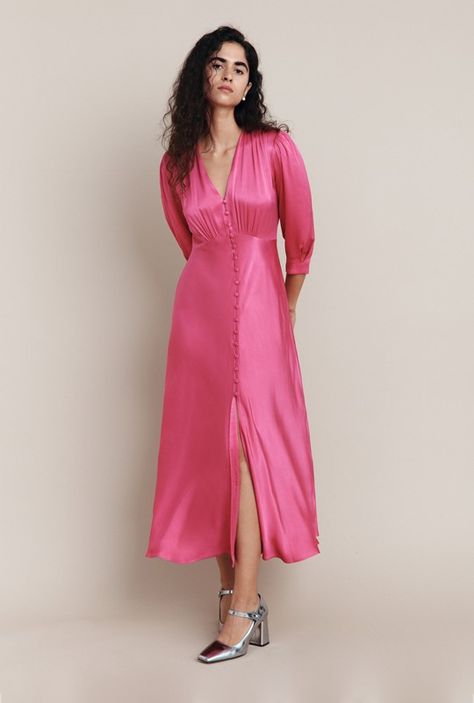 Palm Petrol Hot Pink Midi Dress | Ghost London Pink Satin Dress Long Sleeve, Pink Satin Dress Long, Satin Dress Long Sleeve, Satin Dress Pink, Hot Pink Satin Dress, Hot Pink Midi Dress, Wedding Guest Outfit Winter, Hot Pink Satin, Palm Dress