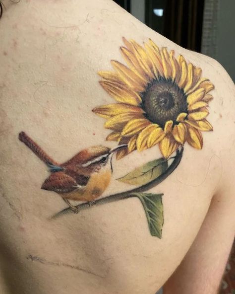 Sunflower With Birds Tattoo, Sunflower Bird Tattoo, Cardinal Watercolor Tattoo, Bird And Sunflower Tattoo, Wren Bird Tattoo, Yellow Bird Tattoo, Wren Tattoo, Small Cardinal Tattoo, Sarah Tattoo