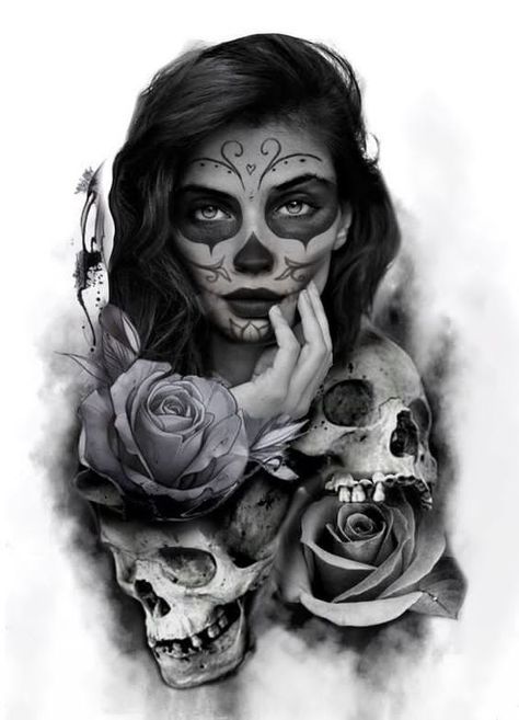 280+ Best Sugar Skull Tattoo Designs With Meanings (2020) Día de los Muertos Skull Face Tattoo, Tato Realis, La Muerte Tattoo, Sugar Skull Girl Tattoo, Realistisches Tattoo, Catrina Tattoo, Skull Girl Tattoo, Pola Tato, Sugar Skull Girl