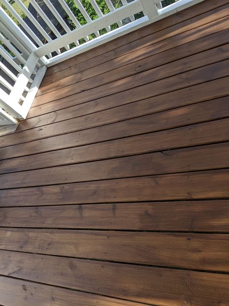 Benajamin Moore Arborcoat Semi Transparent Stain in Fresh Brew - on new wood. October Brown Deck Stain Valspar, Wood Patio Paint Ideas, Staining Wood Deck, Wood Stain Exterior House, Exterior Stain Colors For Wood Farmhouse, Porch Stains Colors, Behr Wood Chip Semi Transparent Stain, Dark Porch Stain, Painted Wood Porch Ideas