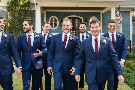 Semi-Formal and Cocktail Attire for Men, Explained - blue suits and burgundy tie for groom and groomsmen {The Groomsman Suit} Navy Blue And Burgundy Suit, Casual Groomsmen Attire, Navy Blue Groomsmen, Cocktail Wedding Attire, Blue Groomsmen, Groom Suit Grey, Wedding Groomsmen Attire, Cocktail Attire Men, Mens Wedding Attire