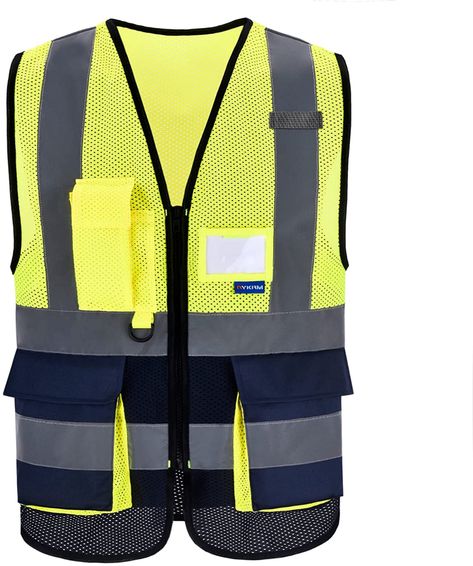 A-SAFETY High Visibility Mesh Safety Reflective Vest with Pockets and Zipper,Hi Vis Viz Reflective Safety Vest(Yellow&Navy Mesh XXXL) - - AmazonSmile Vest With Pockets, Reflective Vest, Safety Vest, Bicycle Bike, Sweater Accessories, Caribbean Netherlands, Cloth Bags, Yellow White, Cool Toys