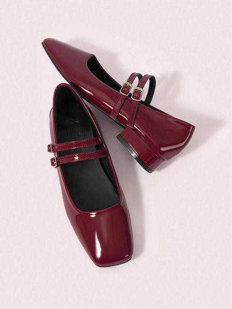 Wine Red Mary Janes, Burgundy Mary Janes, Mary Jane Shoes Red, Red Mary Jane Shoes, Chunky Heels Casual, Zapatos Mary Jane, Vacation Shoes, Burgundy Heels, Back To School Shoes