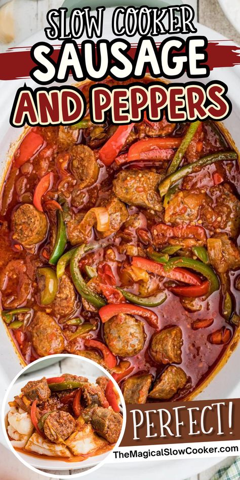 If you're looking for the perfect summertime dish, then you'll love this Slow Cooker Sausage and Peppers recipe. It's made with just a few popular ingredients such as Italian sausage, bell peppers, marinara tomato sauce, sweet yellow onions, and seasonings. This is an easy recipe for quickly making a main course dish. - The Magical Slow Cooker Sausage And Pepper Sauce, Sausage Peppers And Potatoes Baked, Fair Italian Sausage And Peppers, Spicy Sausage And Peppers, Sausage And Peppers Stove Top, Sausage Peppers Crockpot, Crockpot Recipe With Sausage, Smoked Sausage And Peppers Recipes, Sausage In Crockpot Slow Cooker