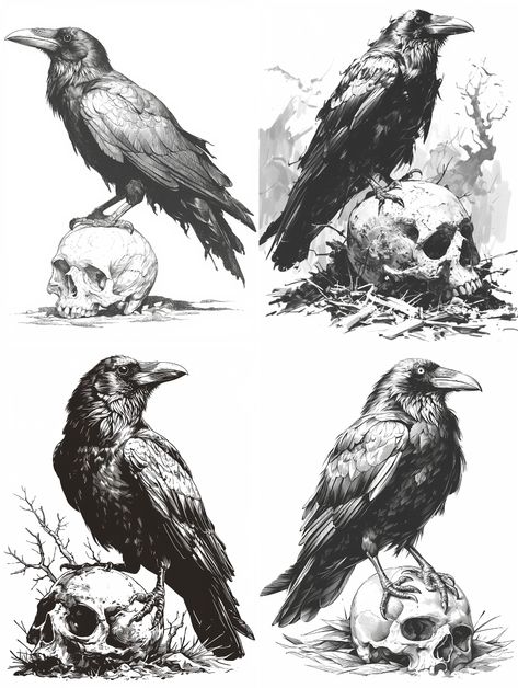 Midjourney prompt: A crow standing on a skull in the - PromptHero Vintage Raven Illustration, Crow And Skull Tattoo Design, Crow Sketch Pencil, How To Draw Crow, Crow Drawing Reference, Raven Anatomy, Bird Drawing Reference, Crow Art Drawing, Crow Skull Drawing