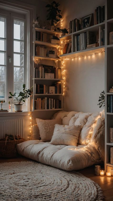 Under-Stairs Library Nook: Making Magic in Small Spaces 50+ Designs Floor Reading Corner, Floor Pillows Reading Nook, Floor Reading Nook, Mindful Reading, Small Reading Nook Cozy Corner, Cozy Floor Seating, Reading Nook Cozy Corner, Small Reading Corner, Reading Nook Floor