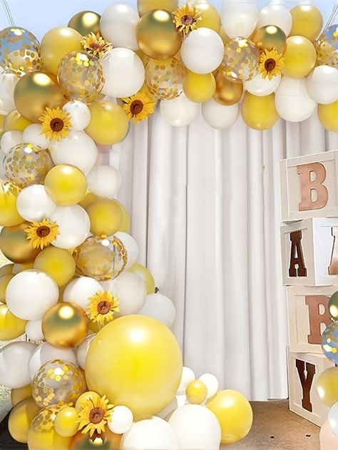 Multicolor  Collar  Latex  Balloons Embellished   Event & Party Supplies Sunflower Garland Balloons, Yellow Balloons Decoration, Sunflower Balloon Arch, Balloon Sunflower, Gold White Balloons, Balloon Arch Ideas, Bee Birthday Theme, Yellow Ceiling, Sweet 17