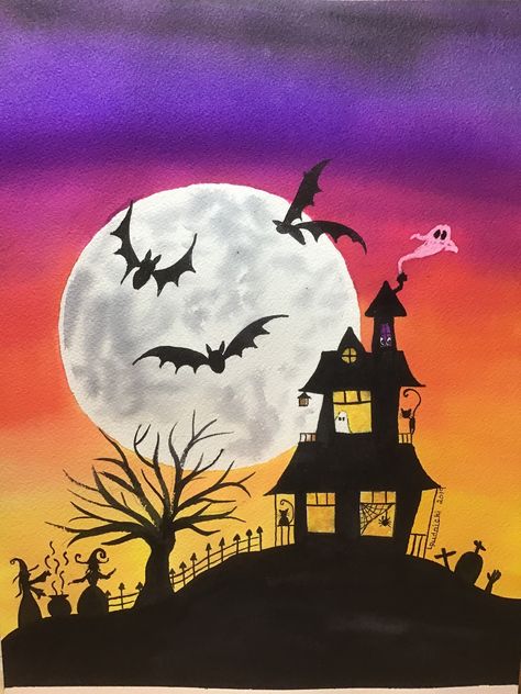 Halloween Town Drawings, Haunted House Pictures, Haunted House Drawing, Halloween Landscape, Cute Halloween Drawings, Halloween Canvas Paintings, Town Drawing, Easy Landscape Paintings, Bear Artwork