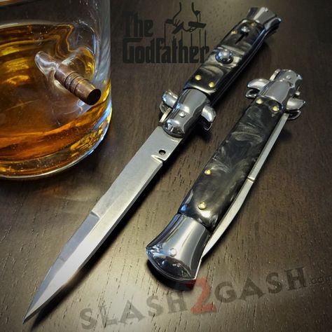 The Godfather Stiletto Classic Italian Mafia style Automatic Knife - Switchblade Knives 9" ***UPGRADED SPRING*** Our best fit and finish yet, no more blocky corners! Super smooth, rounded handle scales with our Strongest Leaf-Spring opening. #stiletto #thegodfather #stilettoknife #automaticknives #switchblade #switchbladeknife #switchblades #automaticknife #italianstiletto #autoknife #autoknives #slash2gash #S2G Italian Switchblade, Mafia Style, Bear Grylls Survival, Stiletto Knife, Knife Aesthetic, Switchblade Knife, Italian Mafia, Benchmade Knives, Knife Patterns