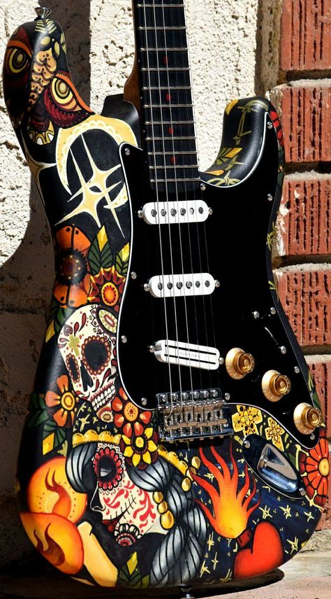 Forest Young Custom Art Guitar Paint by Emily Reese Custom Guitar Paint, Custom Painted Guitar, Painting On Guitar Ideas, Guitar Custom Paint, Painting On Guitar, Art Guitar Painting, Hand Painted Guitar, Bass Guitar Art, Painted Guitars