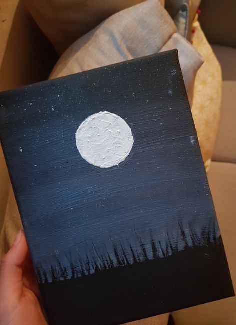 Easy Moon And Stars Painting, Stars Night Painting, Moon Painting Ideas Easy, Moon Painting For Beginners, Star Paintings Easy, Mini Paintings Ideas Easy On Paper, Simple Moon Painting Ideas, Painting Ideas Night Sky Easy, Black Canvas Mini Painting